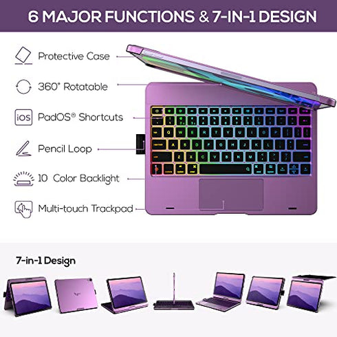 Typecase Touch Keyboard Case with Trackpad for iPad Air 5th Gen (10.9-inch, 2022): 360° Rotatable - 11 Colors Backlight - Wireless Keyboard with Pencil Holder for iPad Air 5th & 4th Gen